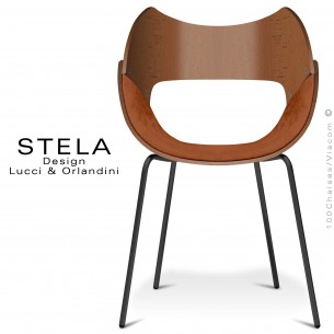 Chaise STELA, piétement 4 pieds peint noir, assise coque bois de hêtre vernis noyer, assise Alcantara orange.