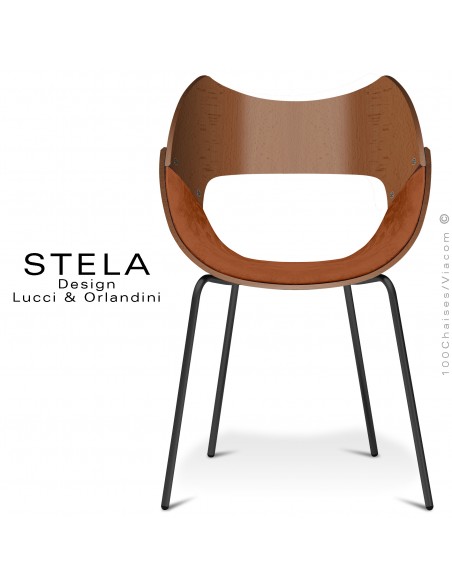 Chaise STELA, piétement 4 pieds peint noir, assise coque bois de hêtre vernis noyer, assise Alcantara orange.