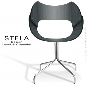 Chaise design STELA, assise et dossier coque bois de hêtre cintré, finition vernis gris. Piétement 4 branches gris-argent.