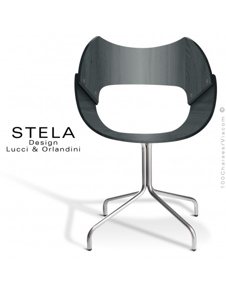 Chaise design STELA, assise et dossier coque bois de hêtre cintré, finition vernis gris. Piétement 4 branches gris-argent.