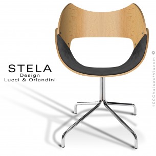 Chaise STELA, piétement chromé brillant, assise coque vernis hêtre naturel, assise tissu Alcantara noir.