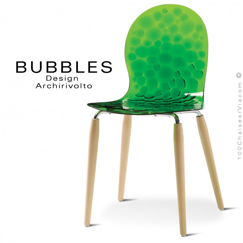 Chaise design BUBBLES, piétement bois de hêtre vernis naturel incolore, assise translucide effets bulles vert.