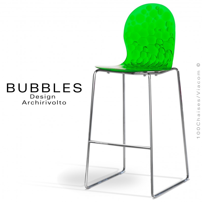 Tabouret de bar BUBBLES, piétement luge peint ou chromé, assise translucide couleur verte.