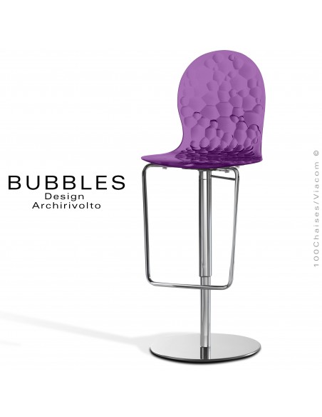 Tabouret de bar BUBBLES, avec élévation sur vérin à gaz, assise coque translucide violet.