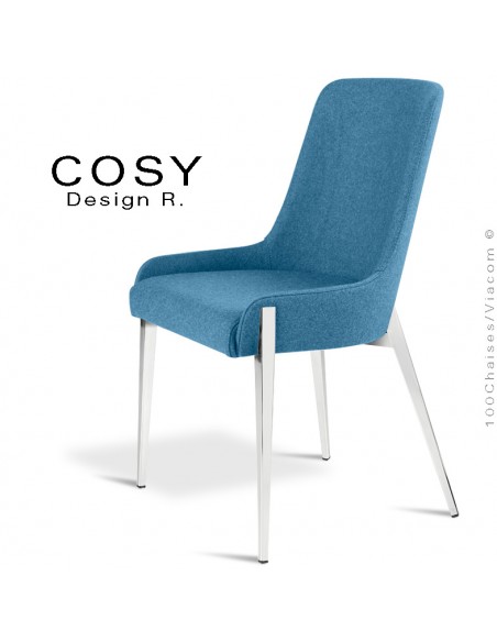 Chaise COSY, piétement acier chromé brillant ou peint au choix. Assise habillage tissu feutre 100% laine couleur bleu.