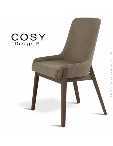 Chaise design NASTRO, assise multiplis de bois placage Zébrano avec  coussin, piétement bois de hêtre massif vernis.