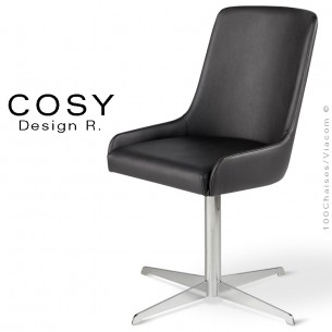 Chaise de bureau confort COSY, piétement colonne centrale, sur 4 branches chromé brillant, assise cuir ATLANTIS couleur noir.