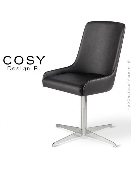 Chaise de bureau confort COSY, piétement colonne centrale, sur 4 branches chromé brillant, assise cuir ATLANTIS couleur noir.