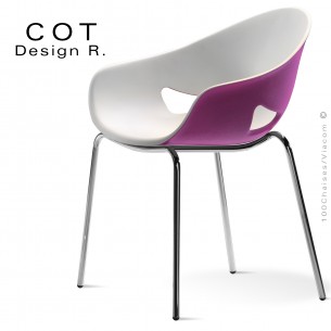 Fauteuil design COT, piétement 4 pieds chromé brillant, assise coque plastique deux tons blanc-violet.