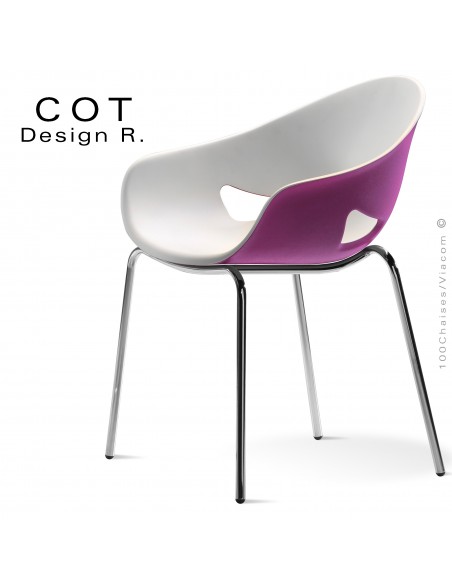 Fauteuil design COT, piétement 4 pieds chromé brillant, assise coque plastique deux tons blanc-violet.