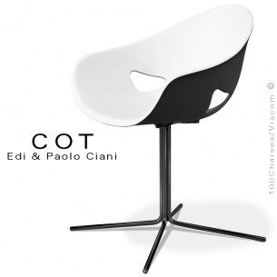 Fauteuil design COT, piétement colonne centrale sur 4 branches peint noir, assise coque fixe deux tons, blanche et noir.