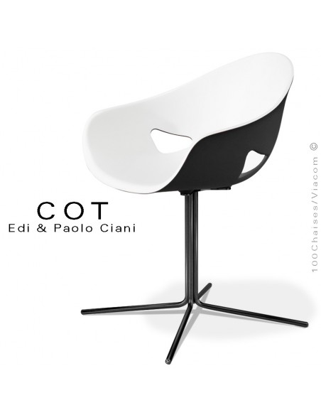 Fauteuil design COT, piétement colonne centrale sur 4 branches peint noir, assise coque fixe deux tons, blanche et noir.