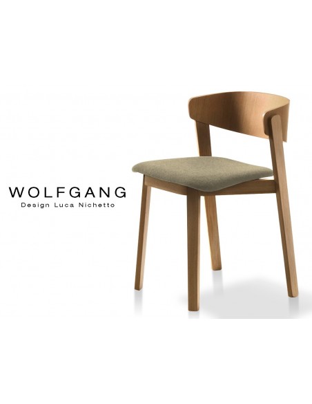 WOLFGANG chaise design en bois finition noix, assise capitonnée chanvre.
