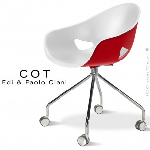 Fauteuil COT, structure 4 branches acier chromé sur roulettes, assise coque plastique deux tons blanche et rouge.