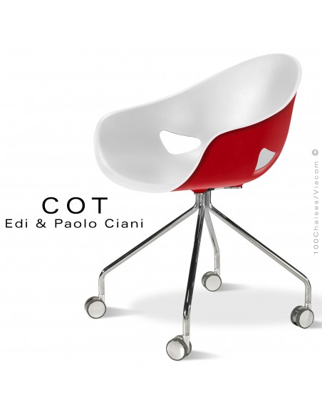 Fauteuil COT, structure 4 branches acier chromé sur roulettes, assise coque plastique deux tons blanche et rouge.