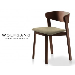 WOLFGANG chaise design en bois finition tabac, assise capitonnée chanvre.