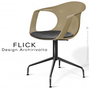 Fauteuil design FLICK, piétement 4 branches peint noir, assise coque gris Tourterelle avec coussin noir.