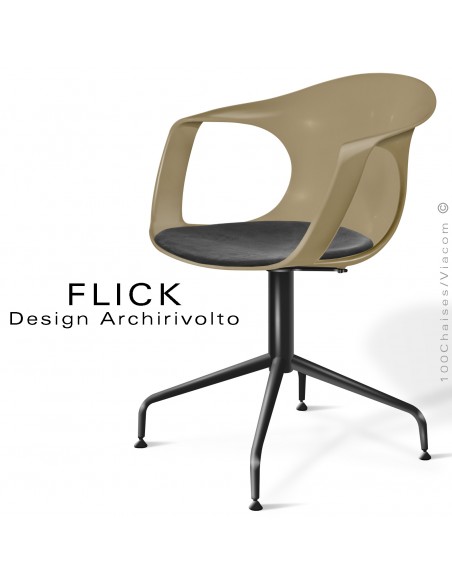 Fauteuil design FLICK, piétement 4 branches peint noir, assise coque gris Tourterelle avec coussin noir.