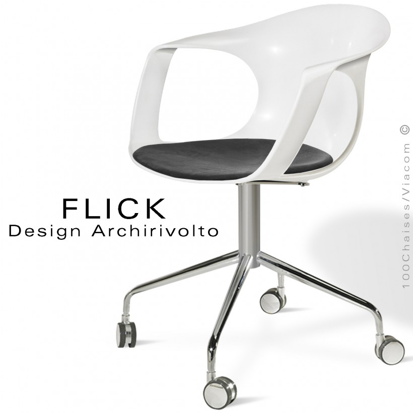Fauteuil design à roulettes FLICK assise coque blanche, coussin noir, piétement 4 branches avec à roulettes chromé.