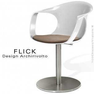 Fauteuil design FLICK, coque blanche avec coussin d'assise Alcantara couleur terre, piétement colonne centrale chromé.