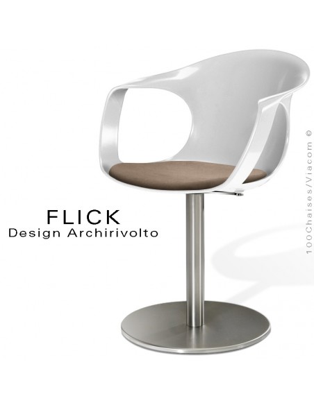 Fauteuil design FLICK, coque blanche avec coussin d'assise Alcantara couleur terre, piétement colonne centrale chromé.