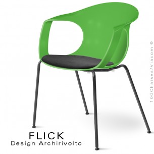Fauteuil design FLICK, assise coque vert pomme, piétement peint noir, avec coussin Alcantara noir.