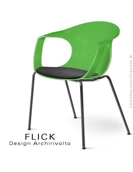 Fauteuil design FLICK, assise coque vert pomme, piétement peint noir, avec coussin Alcantara noir.