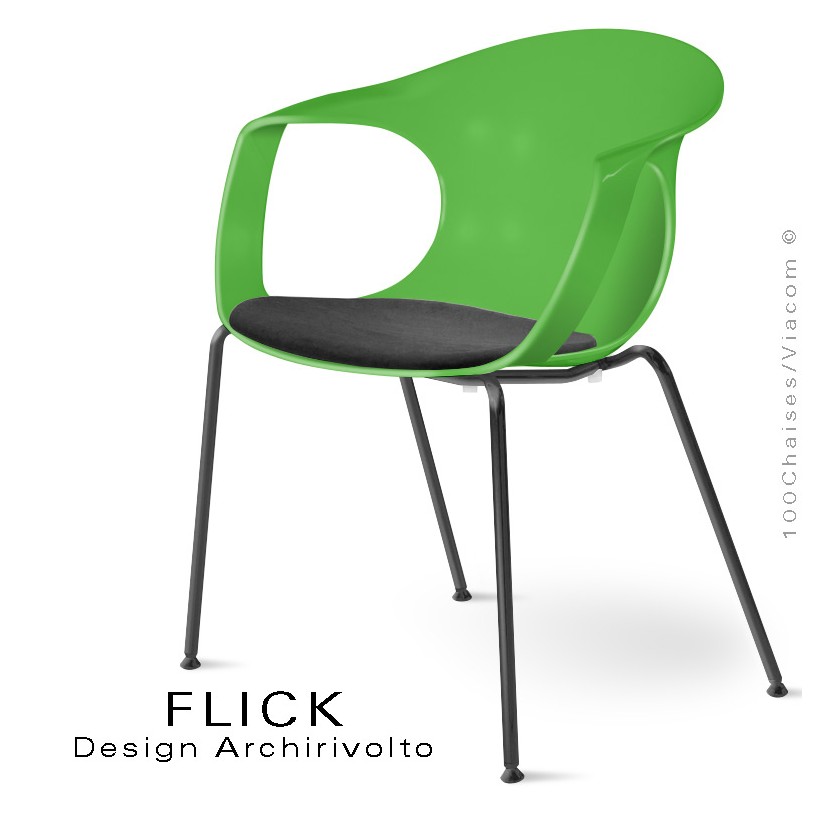 Fauteuil design FLICK, assise coque vert pomme, piétement peint noir, avec coussin Alcantara noir.