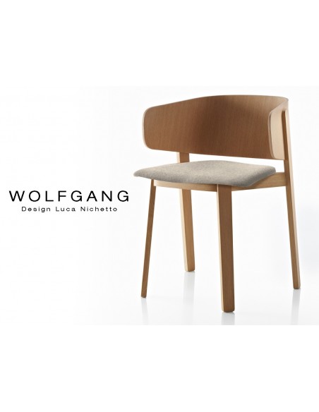 WOLFGANG fauteuil design en bois vernis noix, assise capitonnée crème.