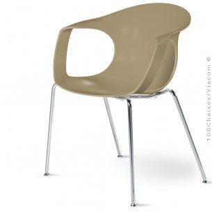 Fauteuil design FLICK, piétement 4 pieds chromé brillant, assise coque plastique gris Tourterelle.