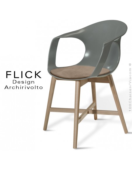 Fauteuil design FLICK, piétement bois hêtre vieilli, assise coque plastique anthracite, coussin alcantara couleur terre.