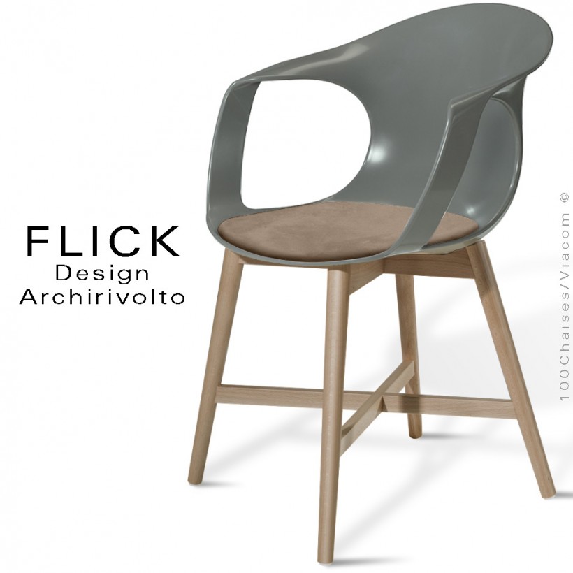 Fauteuil design FLICK, piétement bois hêtre vieilli, assise coque plastique anthracite, coussin alcantara couleur terre.