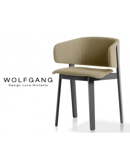 WOLFGANG black fauteuil design bois, capitonné couleur chanvre.