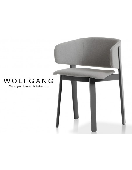WOLFGANG black fauteuil design bois, capitonné couleur gris clair.