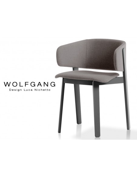 WOLFGANG black fauteuil design bois, capitonné couleur gris foncé.