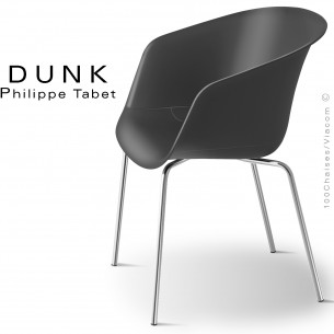 Fauteuil design DUNK, assise coque plastique couleur noir, structure 4 pieds chromé brillant avec tampons plastique.