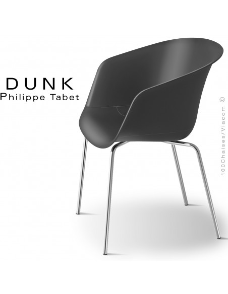 Fauteuil design DUNK, assise coque plastique couleur noir, structure 4 pieds chromé brillant avec tampons plastique.