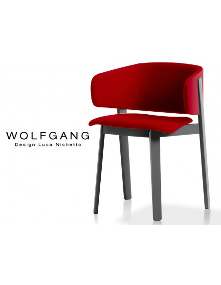 WOLFGANG black fauteuil design bois, capitonné couleur rouge.