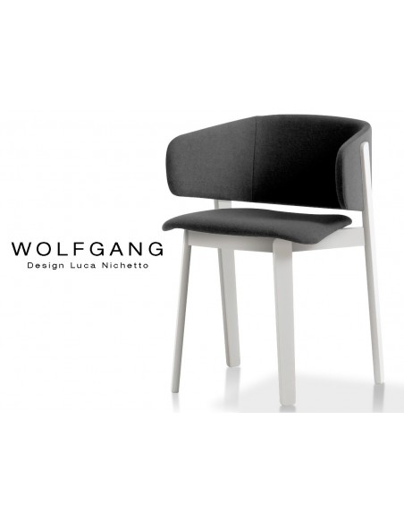 WOLFGANG white fauteuil design bois, capitonné couleur noir.