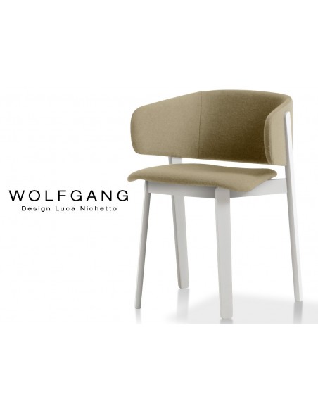 WOLFGANG white fauteuil design bois, capitonné couleur chanvre.