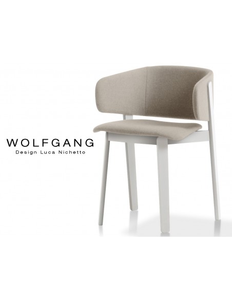 WOLFGANG white fauteuil design bois, capitonné couleur crème.