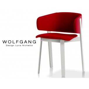WOLFGANG white fauteuil design bois, capitonné couleur rouge.