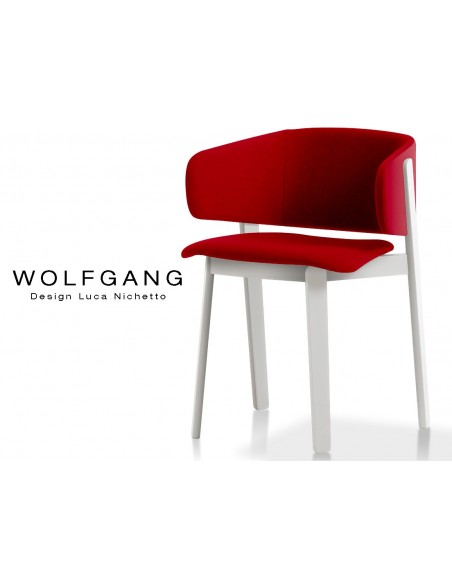 WOLFGANG white fauteuil design bois, capitonné couleur rouge.