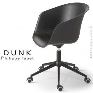 Fauteuil de bureau DUNK, piétement aluminium noir avec roulettes, assise pivotante coque plastique couleur noir avec accoudoirs.