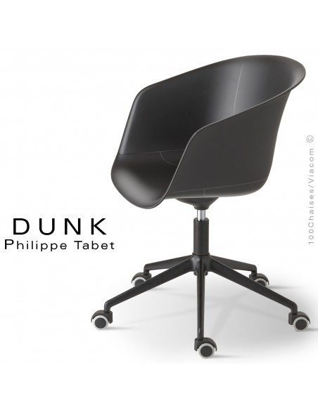 Fauteuil de bureau DUNK, piétement aluminium noir avec roulettes, assise pivotante coque plastique couleur noir avec accoudoirs.