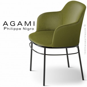 Fauteuil AGAMI, assise et dossier habillage tissu vert armée, piétement acier peint noir.