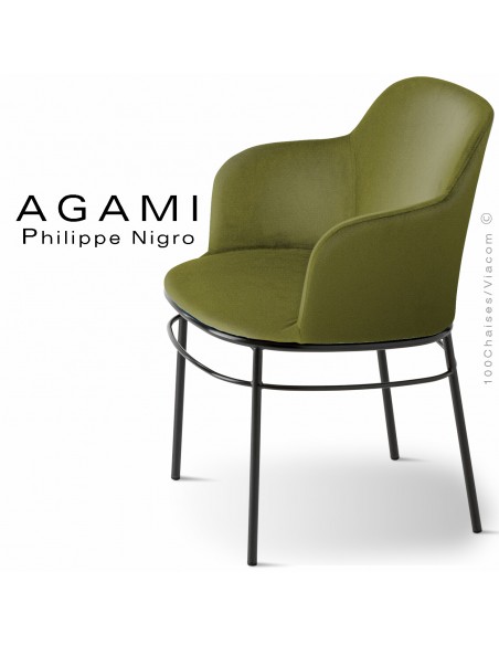 Fauteuil AGAMI, assise et dossier habillage tissu vert armée, piétement acier peint noir.