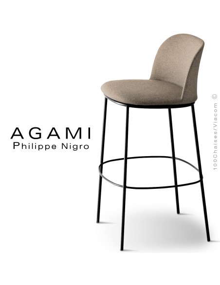 Tabouret de bar AGAMI, assise et dossier habillage tissu gris argile, piétement acier peint noir.