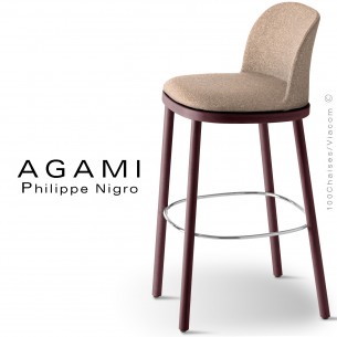 Tabouret de bar AGAMI, assise et dossier habillage tissu corde, piétement bois de hêtre brun.