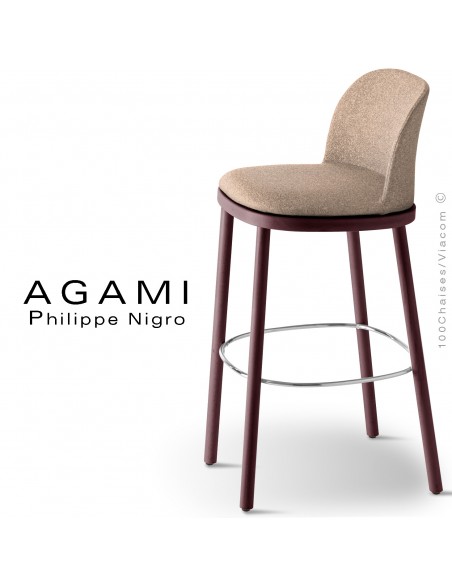 Tabouret de bar AGAMI, assise et dossier habillage tissu corde, piétement bois de hêtre brun.
